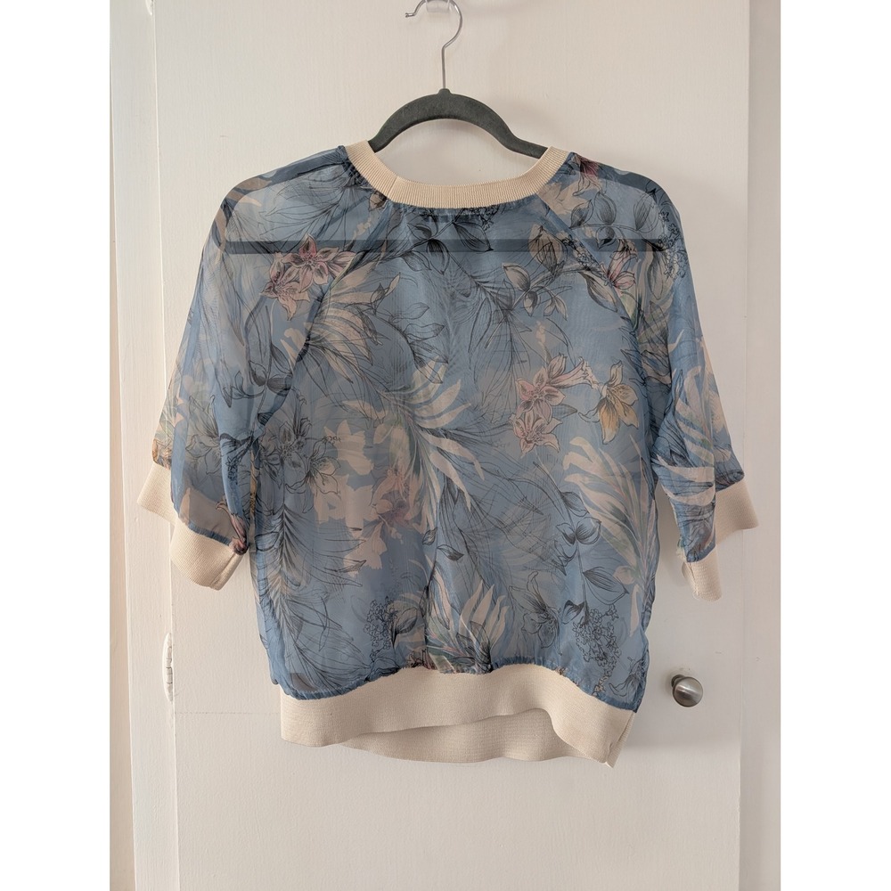 Zara Basic Sheer Floral Organza Blouse Blue Botanical XS Overlay See Through
